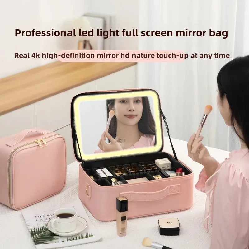 Trousse de maquillage Portable de grande capacité, avec miroir et lumière LED, mallette de rangement pour cosmétiques, Design élégant à fermeture éclair de couleur Pure