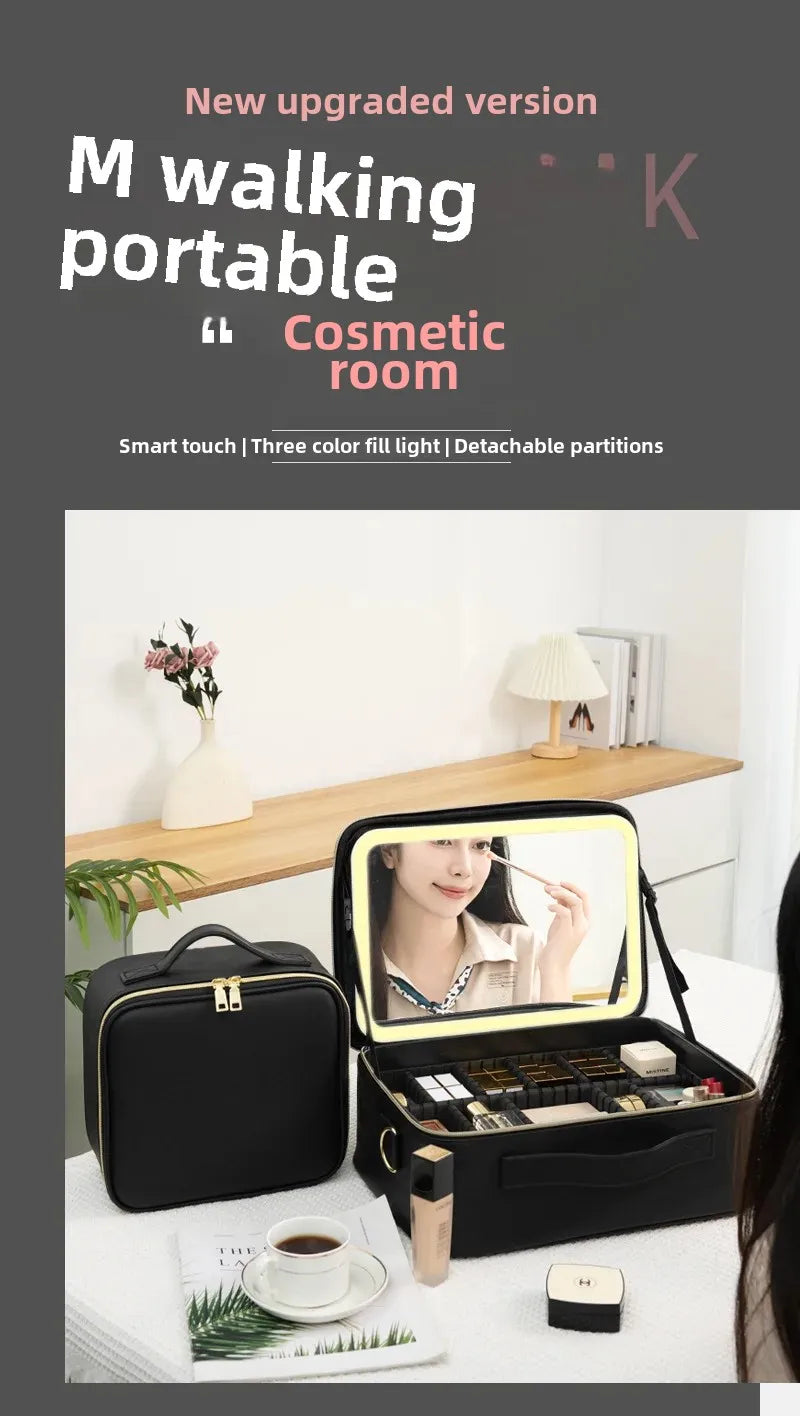 Trousse de maquillage Portable de grande capacité, avec miroir et lumière LED, mallette de rangement pour cosmétiques, Design élégant à fermeture éclair de couleur Pure