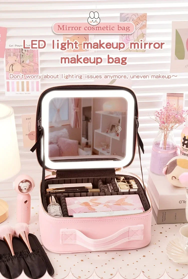 Trousse de maquillage de voyage éclairée par LED avec miroir, organisateur de maquillage Portable étanche, étui à cosmétiques, cadeau d'anniversaire pour filles et femmes