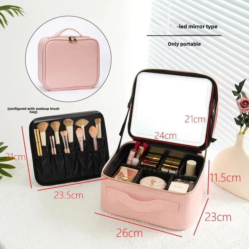 Trousse de maquillage Portable de grande capacité, avec miroir et lumière LED, mallette de rangement pour cosmétiques, Design élégant à fermeture éclair de couleur Pure