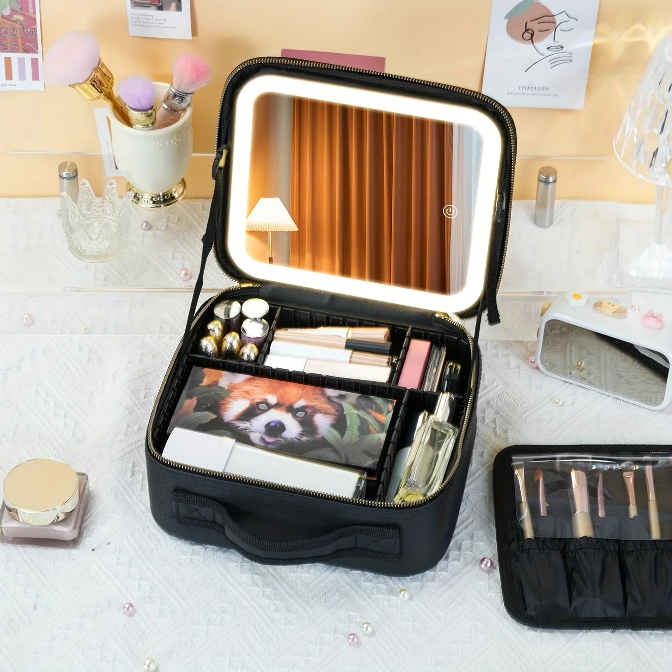 Trousse de maquillage de voyage éclairée par LED avec miroir, organisateur de maquillage Portable étanche, étui à cosmétiques, cadeau d'anniversaire pour filles et femmes