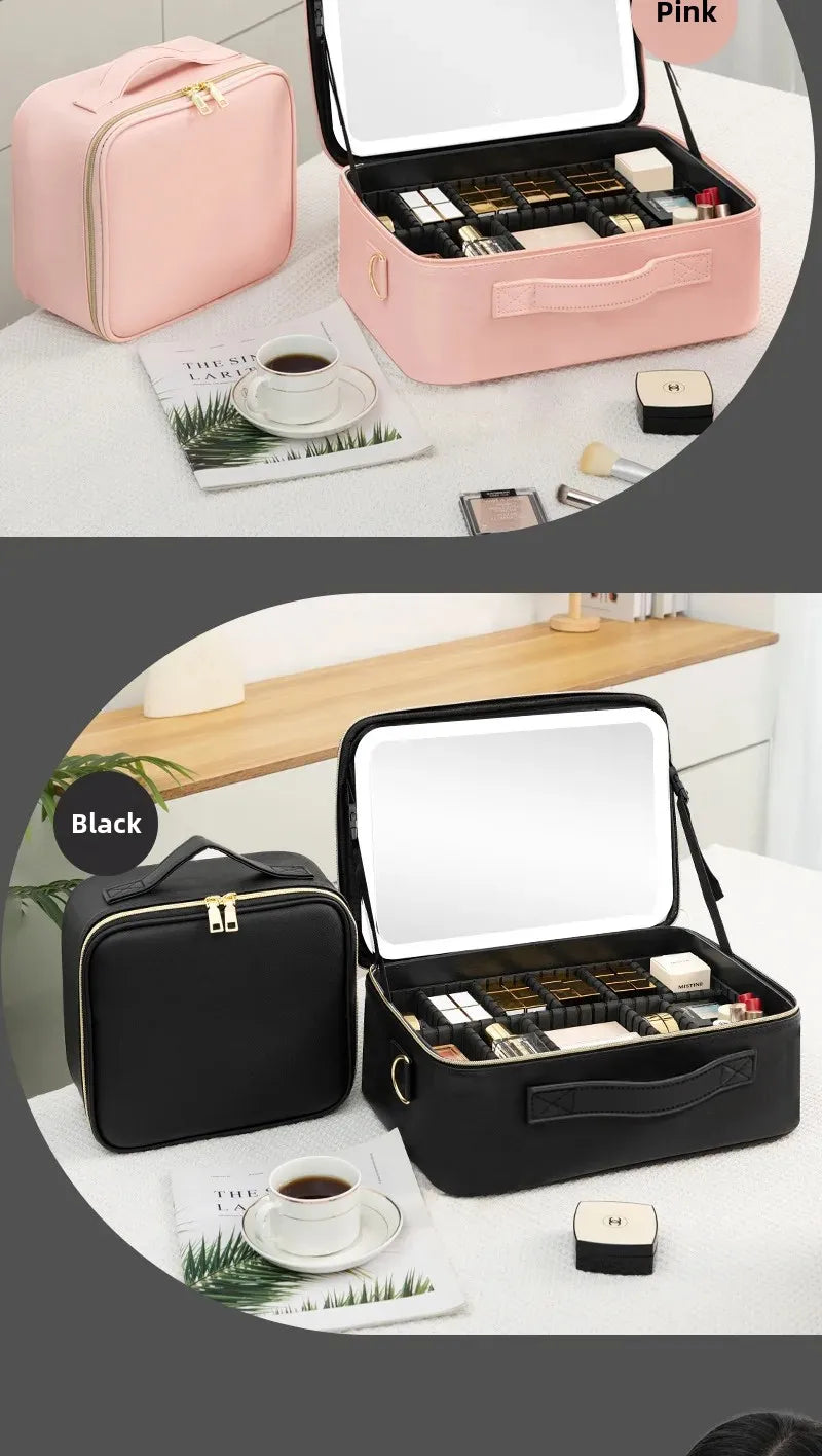 Trousse de maquillage Portable de grande capacité, avec miroir et lumière LED, mallette de rangement pour cosmétiques, Design élégant à fermeture éclair de couleur Pure