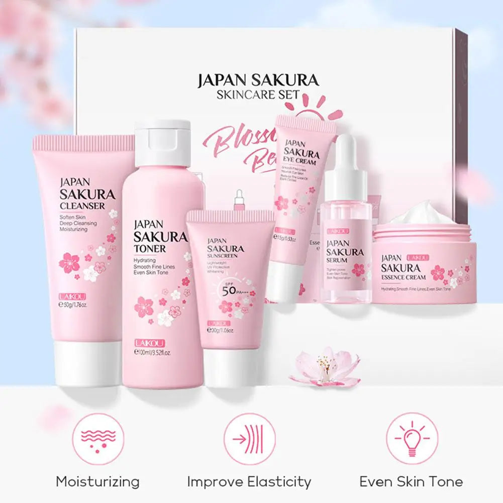 Coffret soins visage Sakura 6 pièces – Crème, sérum, toner, nettoyant, solaire, yeux