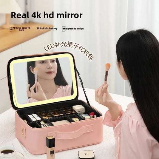 Trousse de maquillage Portable de grande capacité, avec miroir et lumière LED, mallette de rangement pour cosmétiques, Design élégant à fermeture éclair de couleur Pure