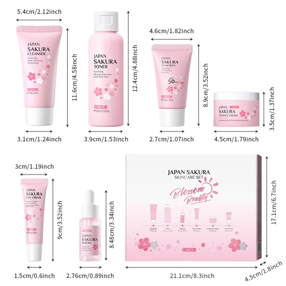 Coffret soins visage Sakura 6 pièces – Crème, sérum, toner, nettoyant, solaire, yeux