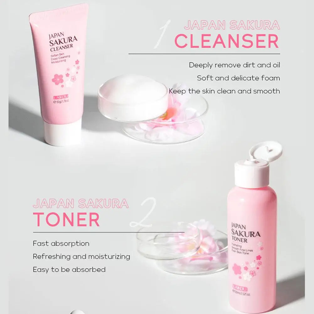 Coffret soins visage Sakura 6 pièces – Crème, sérum, toner, nettoyant, solaire, yeux