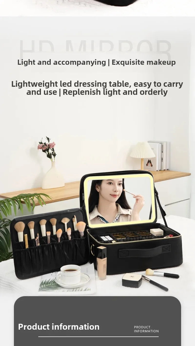 Trousse de maquillage Portable de grande capacité, avec miroir et lumière LED, mallette de rangement pour cosmétiques, Design élégant à fermeture éclair de couleur Pure