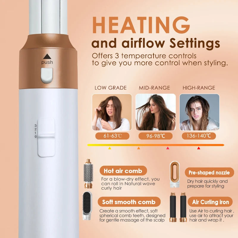 Sèche-cheveux 5-en-1 professionnel – peignes chauds, fer à friser, lisseur