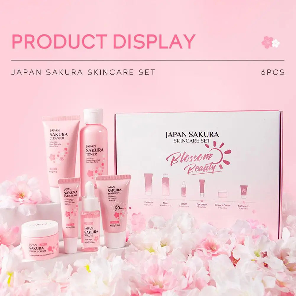 Coffret soins visage Sakura 6 pièces – Crème, sérum, toner, nettoyant, solaire, yeux