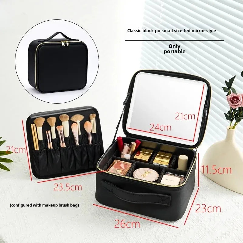 Trousse de maquillage Portable de grande capacité, avec miroir et lumière LED, mallette de rangement pour cosmétiques, Design élégant à fermeture éclair de couleur Pure