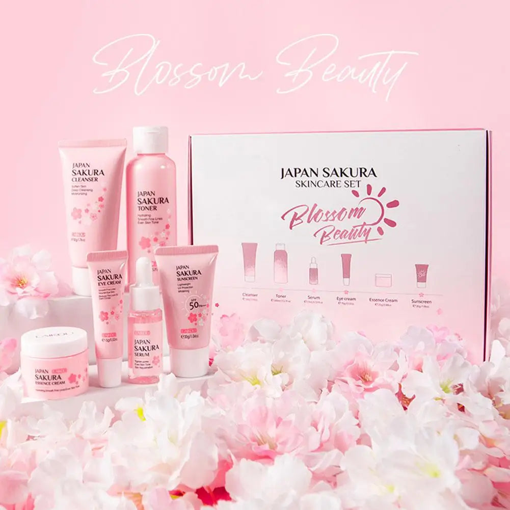 Coffret soins visage Sakura 6 pièces – Crème, sérum, toner, nettoyant, solaire, yeux
