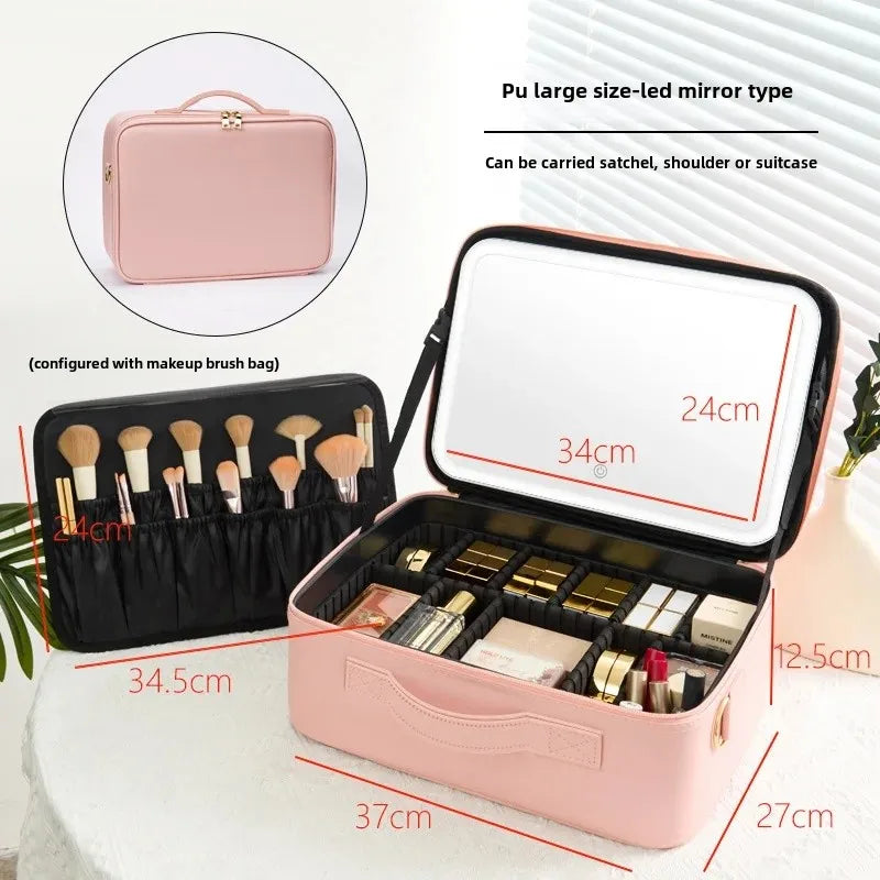 Trousse de maquillage Portable de grande capacité, avec miroir et lumière LED, mallette de rangement pour cosmétiques, Design élégant à fermeture éclair de couleur Pure
