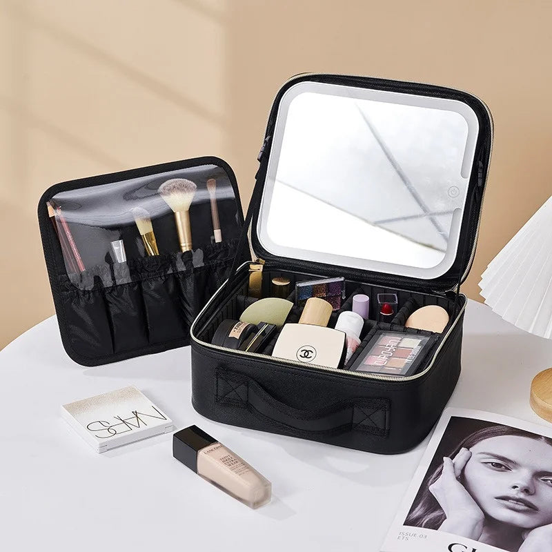 Trousse à cosmétiques LED avec lumières et miroir, grande capacité, sensation de qualité supérieure, trousse de maquillage de luxe