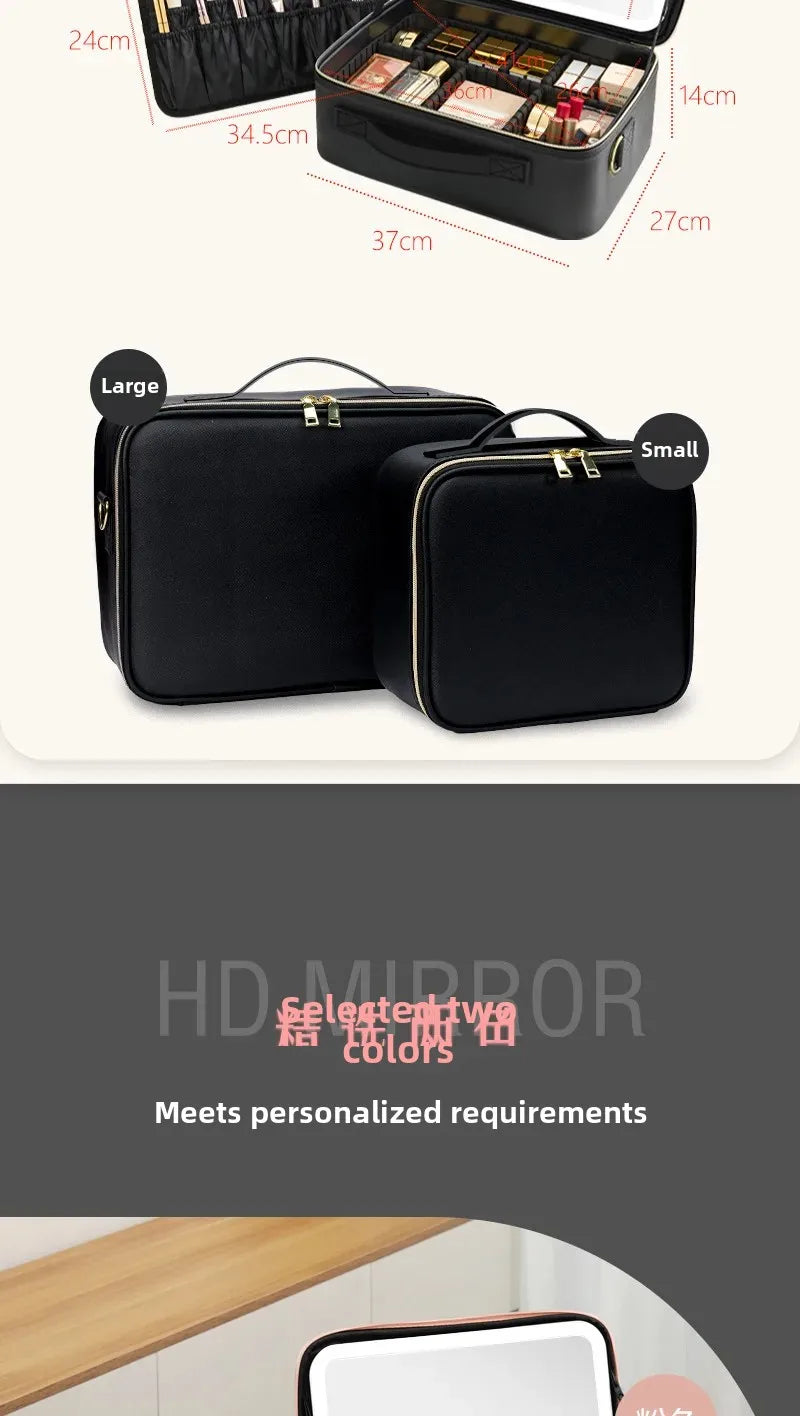 Trousse de maquillage Portable de grande capacité, avec miroir et lumière LED, mallette de rangement pour cosmétiques, Design élégant à fermeture éclair de couleur Pure