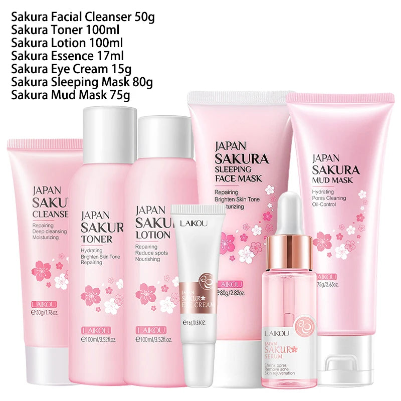 Kit visage Sakura – Soins coréens 9 pièces : nettoyant, crème solaire, masque yeux