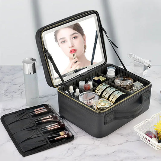 Trousse à cosmétiques intelligente LED avec miroir, trousse de maquillage de voyage, grande capacité, produit de soins de la peau pour esthéticienne féminine, étui de maquillage pour femmes