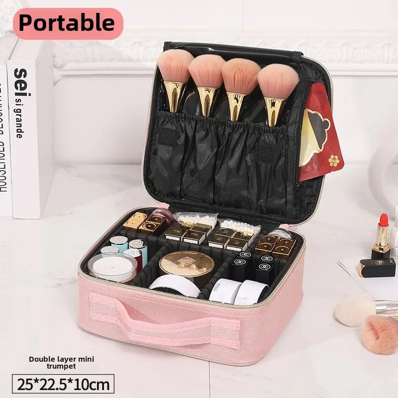 Trousse de maquillage Portable de grande capacité, avec miroir et lumière LED, mallette de rangement pour cosmétiques, Design élégant à fermeture éclair de couleur Pure