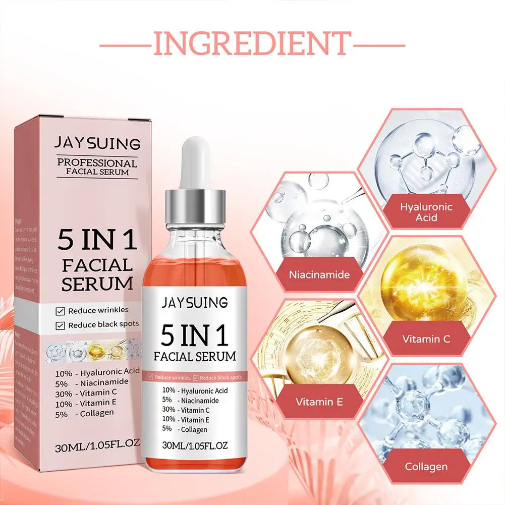 Sérum pour le visage raffermissant 5 en 1, estompe les ridules, hydratant, éclaircissant, vitamine C, acide hyaluronique, rétrécit les Pores, soins pour la peau
