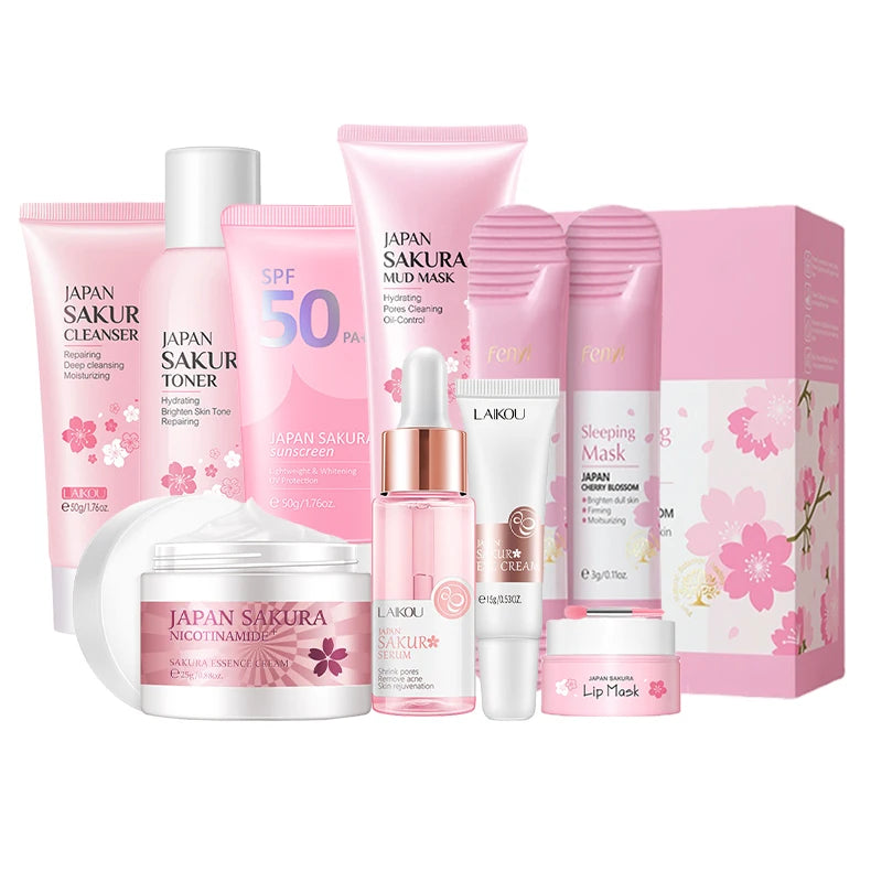 Kit visage Sakura – Soins coréens 9 pièces : nettoyant, crème solaire, masque yeux