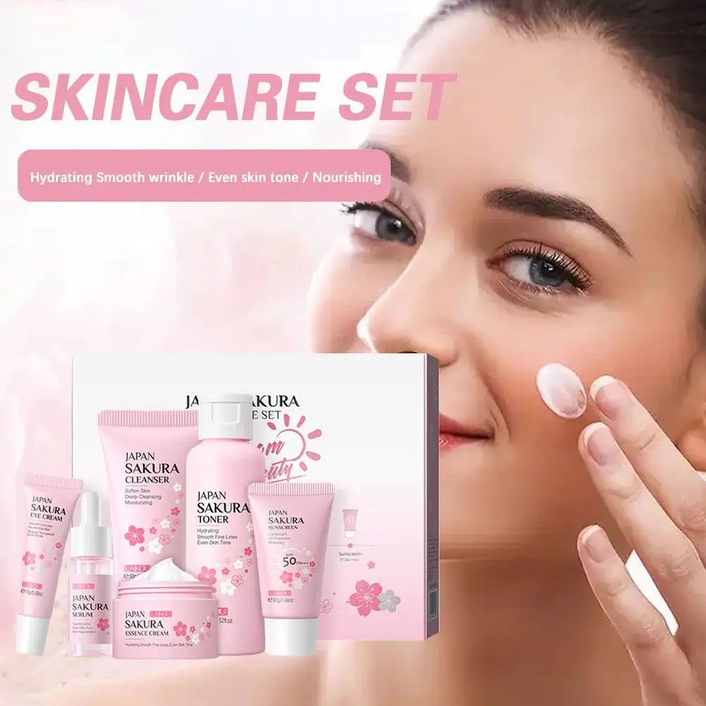 Coffret soins visage Sakura 6 pièces – Crème, sérum, toner, nettoyant, solaire, yeux