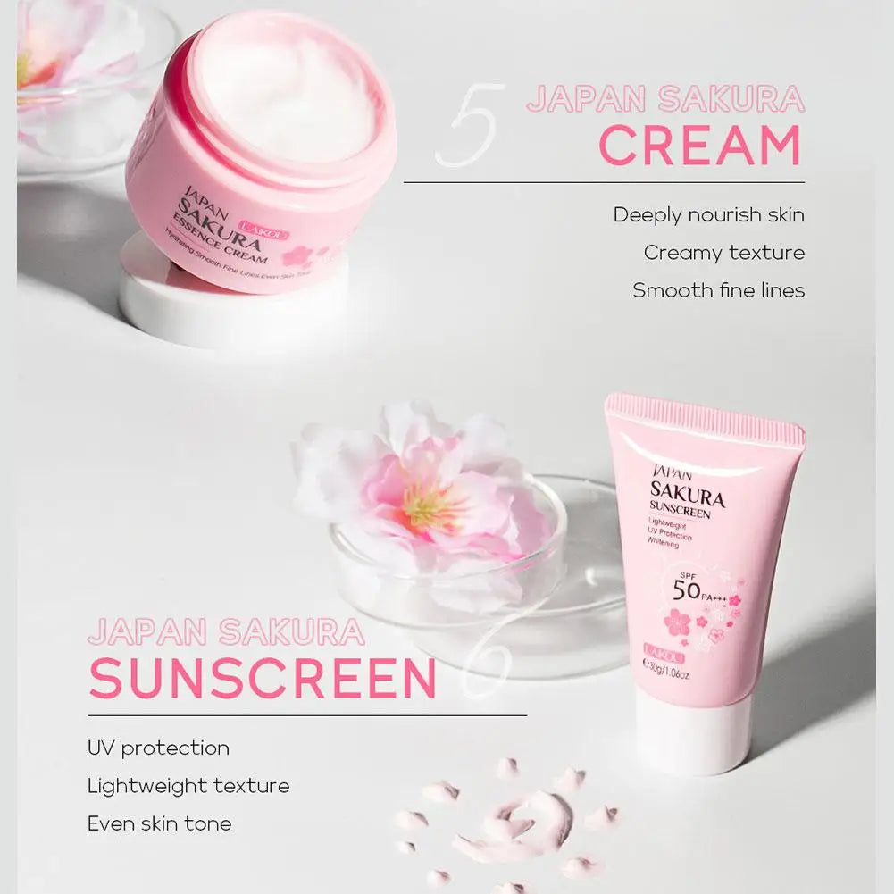 Coffret soins visage Sakura 6 pièces – Crème, sérum, toner, nettoyant, solaire, yeux