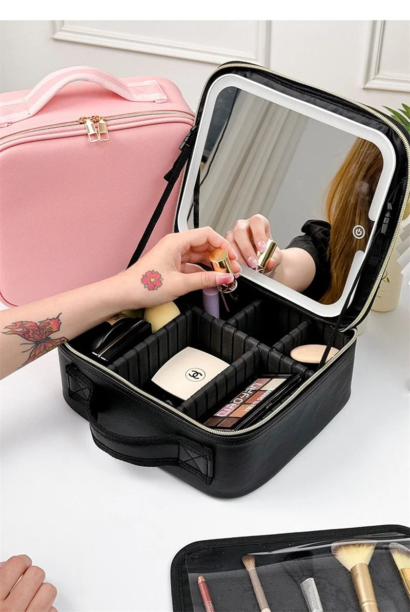 Trousse à cosmétiques LED avec lumières et miroir, grande capacité, sensation de qualité supérieure, trousse de maquillage de luxe