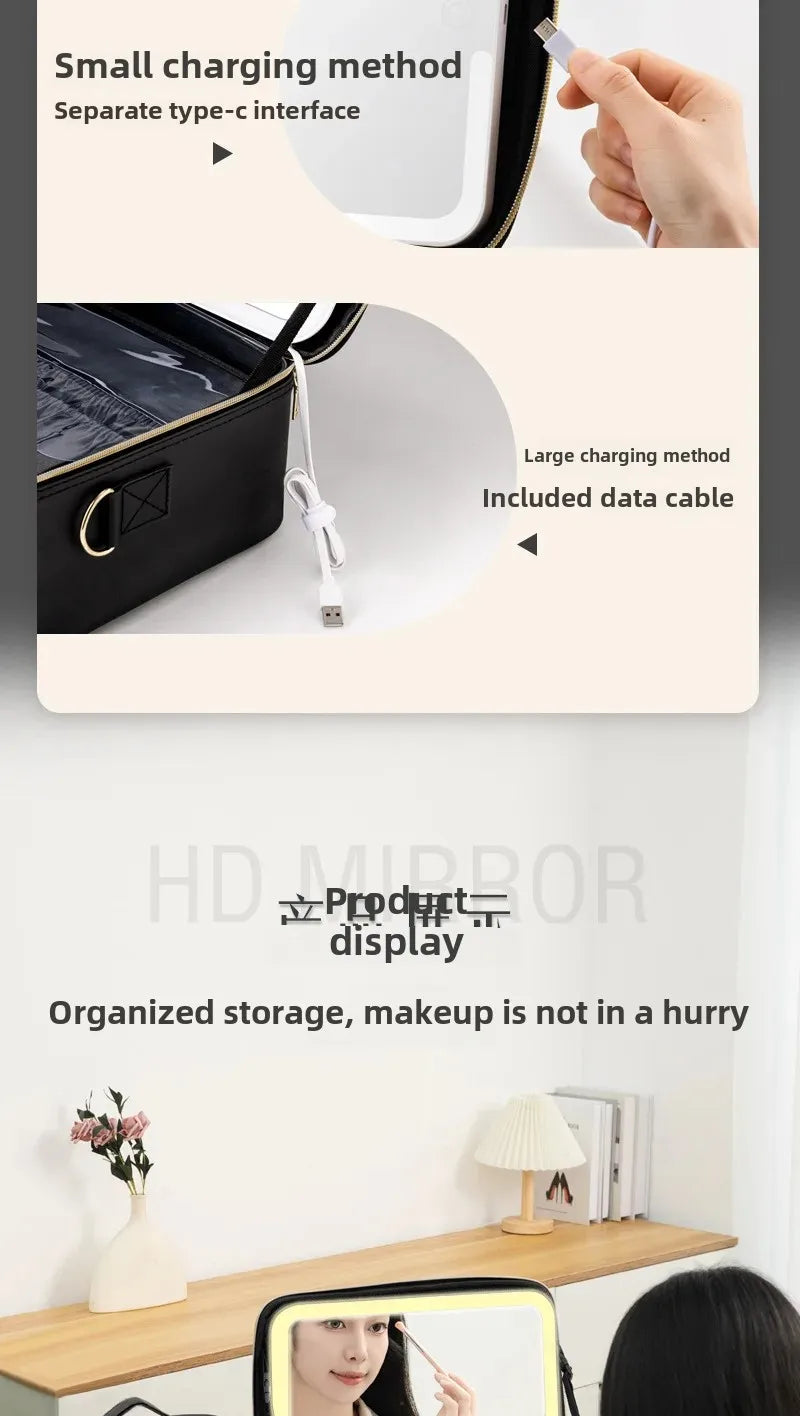 Trousse de maquillage Portable de grande capacité, avec miroir et lumière LED, mallette de rangement pour cosmétiques, Design élégant à fermeture éclair de couleur Pure