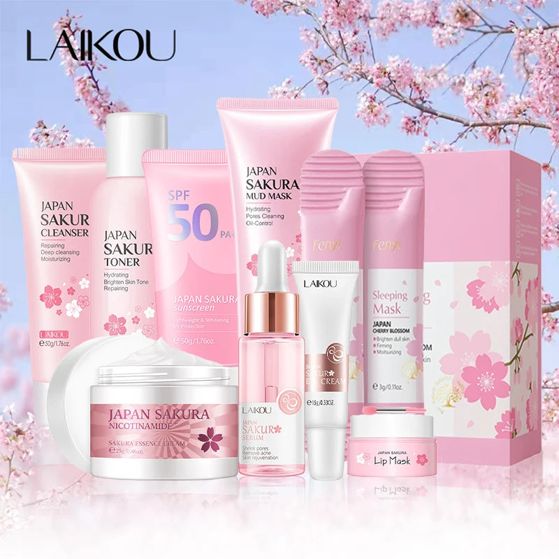 Kit visage Sakura – Soins coréens 9 pièces : nettoyant, crème solaire, masque yeux