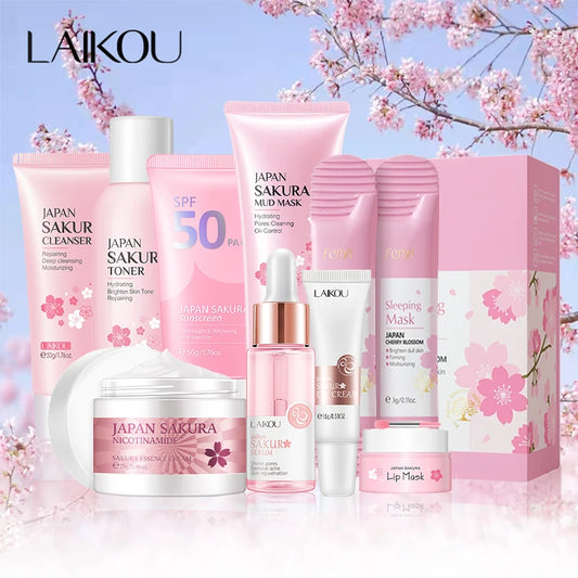Kit visage Sakura – Soins coréens 9 pièces : nettoyant, crème solaire, masque yeux
