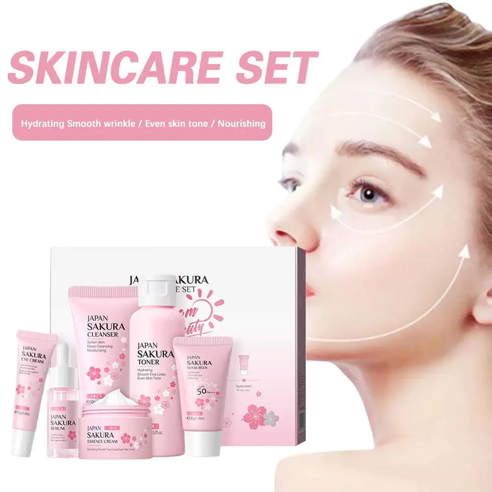 Coffret soins visage Sakura 6 pièces – Crème, sérum, toner, nettoyant, solaire, yeux