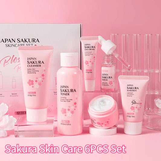 Coffret soins visage Sakura 6 pièces – Crème, sérum, toner, nettoyant, solaire, yeux