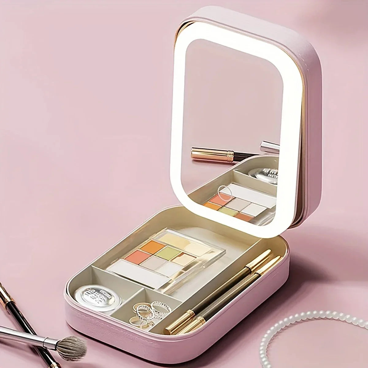 Trousse de maquillage éclairée par LED avec séparateurs réglables – Étui à cosmétiques de voyage portable, rechargeable par USB
