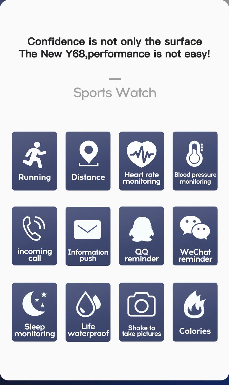 Montre intelligente multifonctionnelle pour hommes et femmes, Bluetooth, téléphone connecté, musique, fitness, bracelet de sport, moniteur de sommeil, Y68, D20