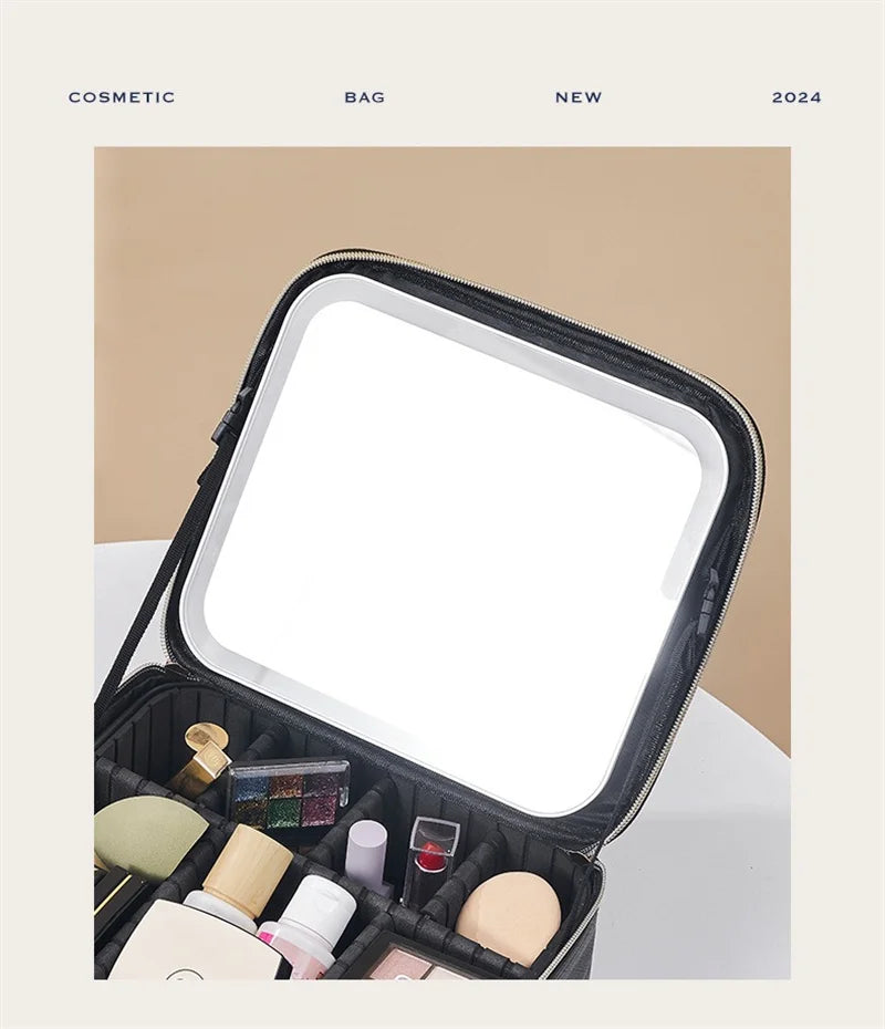 Trousse à cosmétiques LED avec lumières et miroir, grande capacité, sensation de qualité supérieure, trousse de maquillage de luxe