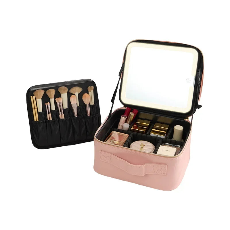 Trousse de maquillage Portable de grande capacité, avec miroir et lumière LED, mallette de rangement pour cosmétiques, Design élégant à fermeture éclair de couleur Pure