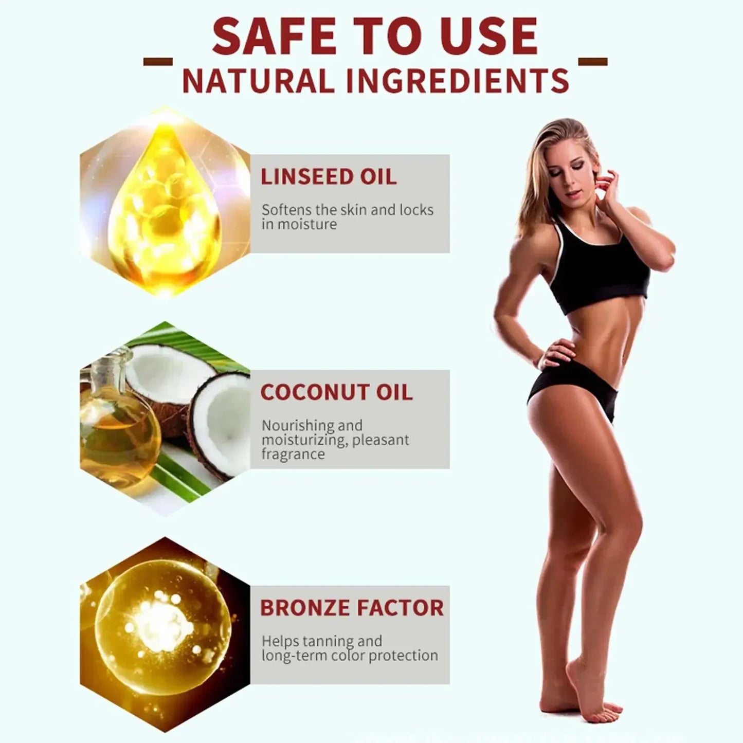 Huile de bronzage éclat profond – Accélérateur solaire à la noix de coco et lin, formule hydratante