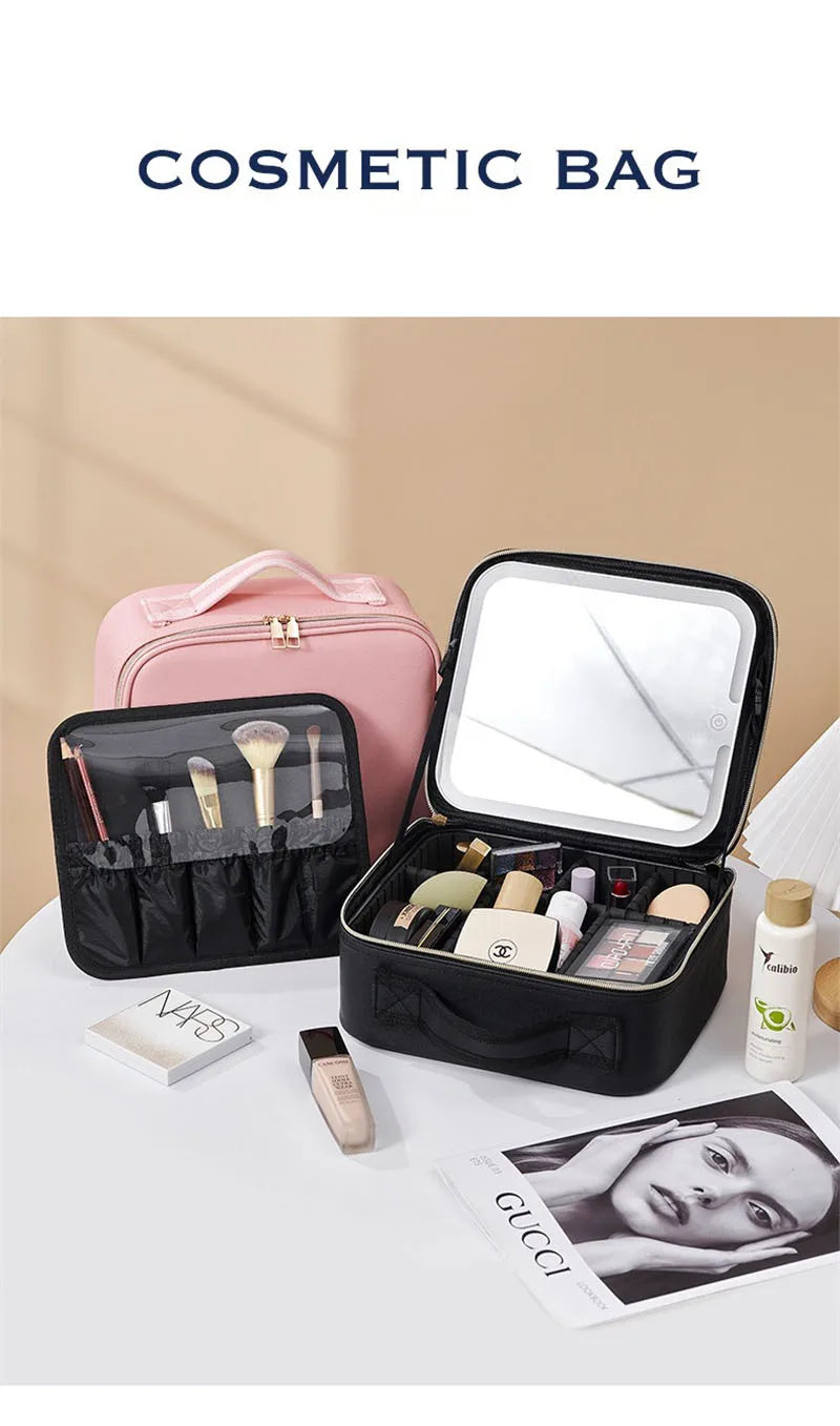 Trousse à cosmétiques LED avec lumières et miroir, grande capacité, sensation de qualité supérieure, trousse de maquillage de luxe