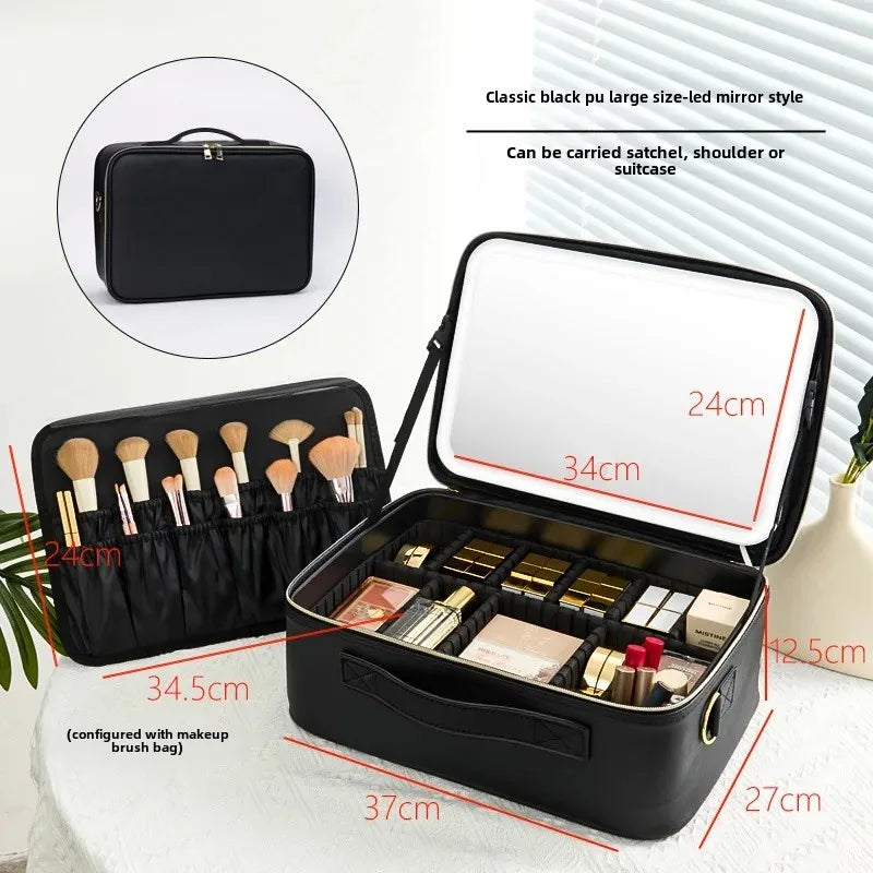 Trousse de maquillage Portable de grande capacité, avec miroir et lumière LED, mallette de rangement pour cosmétiques, Design élégant à fermeture éclair de couleur Pure