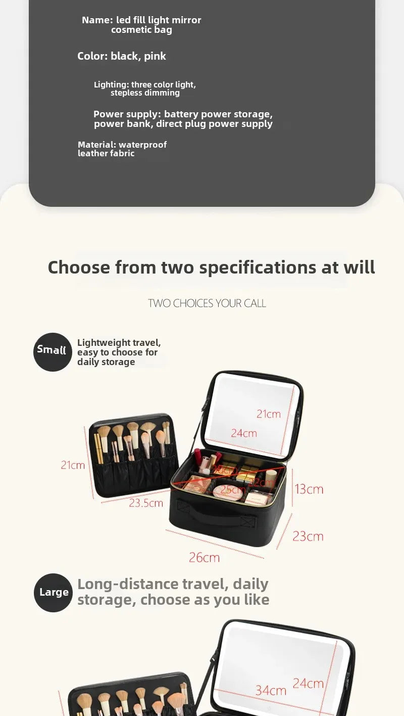 Trousse de maquillage Portable de grande capacité, avec miroir et lumière LED, mallette de rangement pour cosmétiques, Design élégant à fermeture éclair de couleur Pure