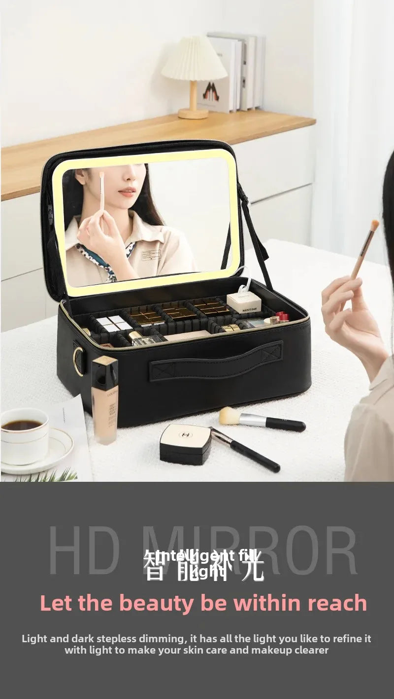 Trousse de maquillage Portable de grande capacité, avec miroir et lumière LED, mallette de rangement pour cosmétiques, Design élégant à fermeture éclair de couleur Pure