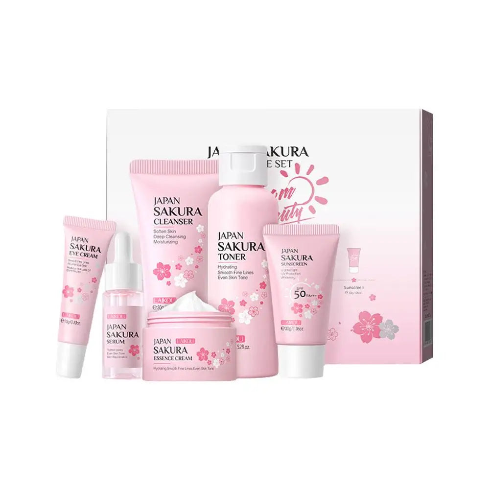 Coffret soins visage Sakura 6 pièces – Crème, sérum, toner, nettoyant, solaire, yeux
