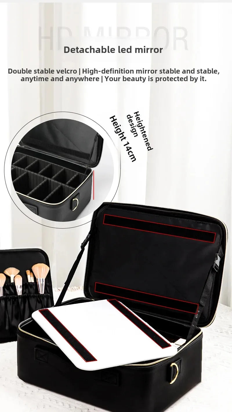 Trousse de maquillage Portable de grande capacité, avec miroir et lumière LED, mallette de rangement pour cosmétiques, Design élégant à fermeture éclair de couleur Pure