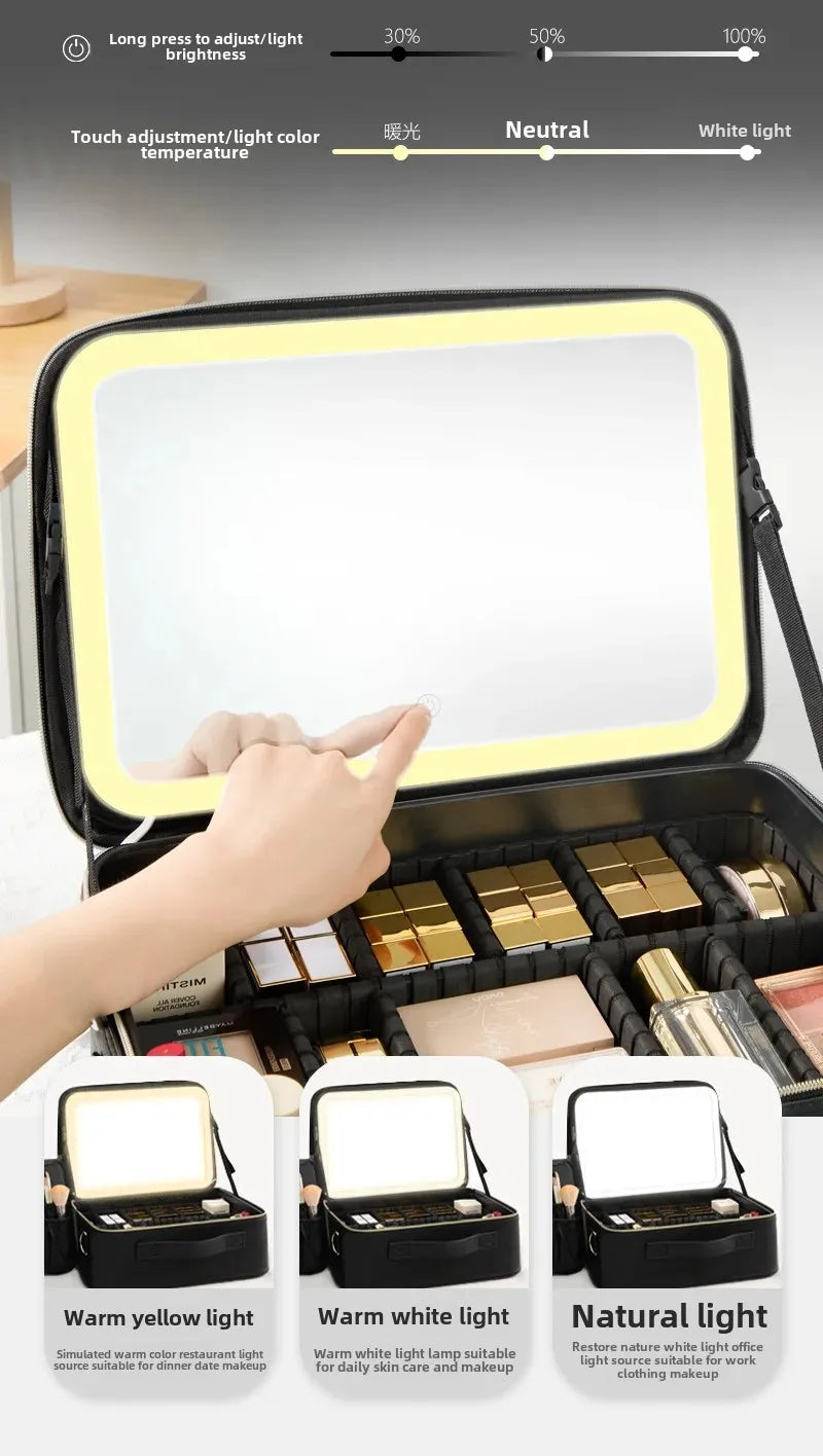 Trousse de maquillage Portable de grande capacité, avec miroir et lumière LED, mallette de rangement pour cosmétiques, Design élégant à fermeture éclair de couleur Pure