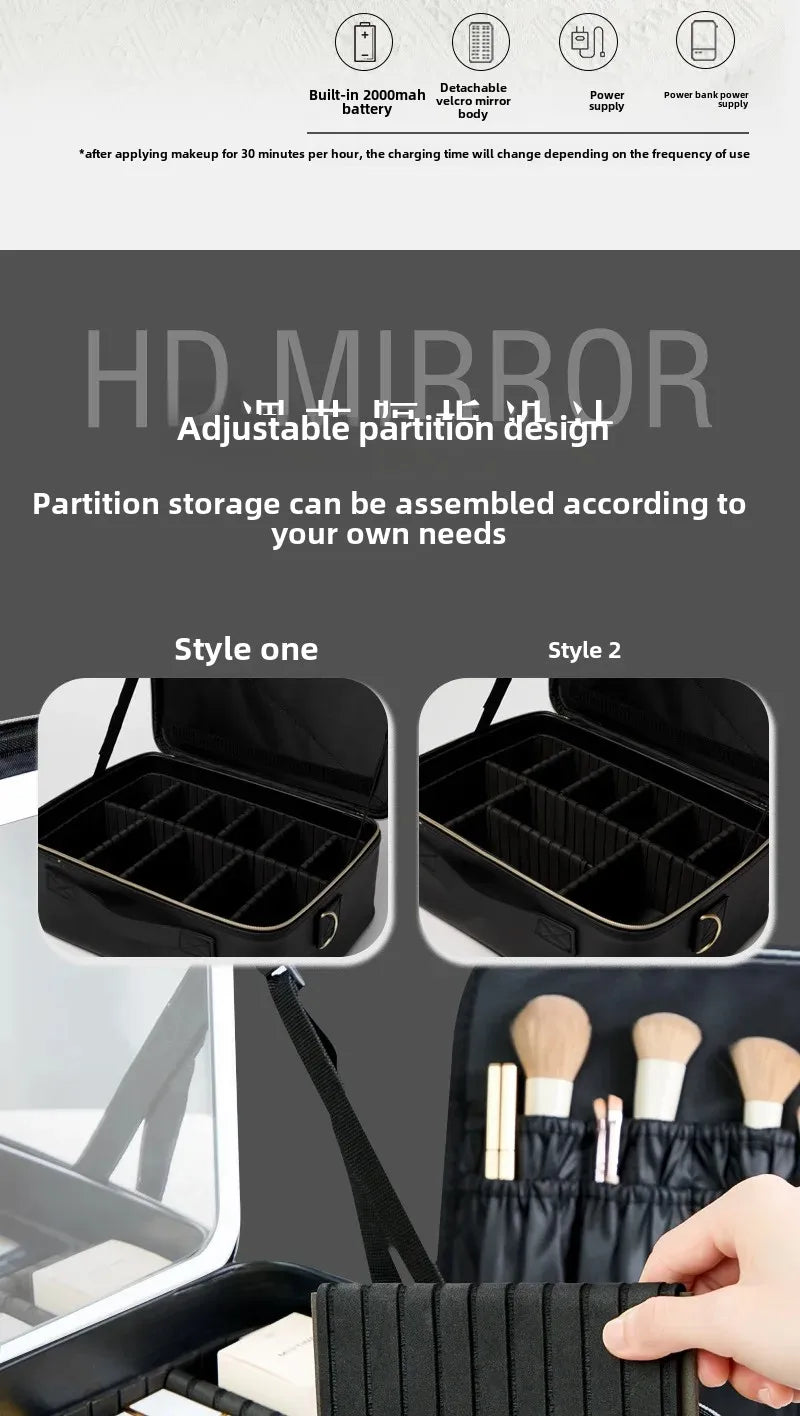 Trousse de maquillage Portable de grande capacité, avec miroir et lumière LED, mallette de rangement pour cosmétiques, Design élégant à fermeture éclair de couleur Pure