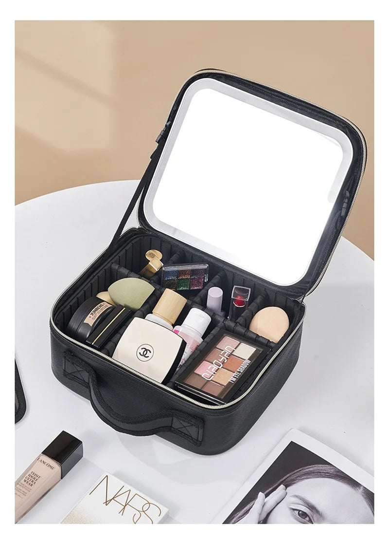 Trousse à cosmétiques LED avec lumières et miroir, grande capacité, sensation de qualité supérieure, trousse de maquillage de luxe
