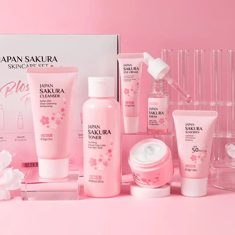 Coffret soins visage Sakura 6 pièces – Crème, sérum, toner, nettoyant, solaire, yeux