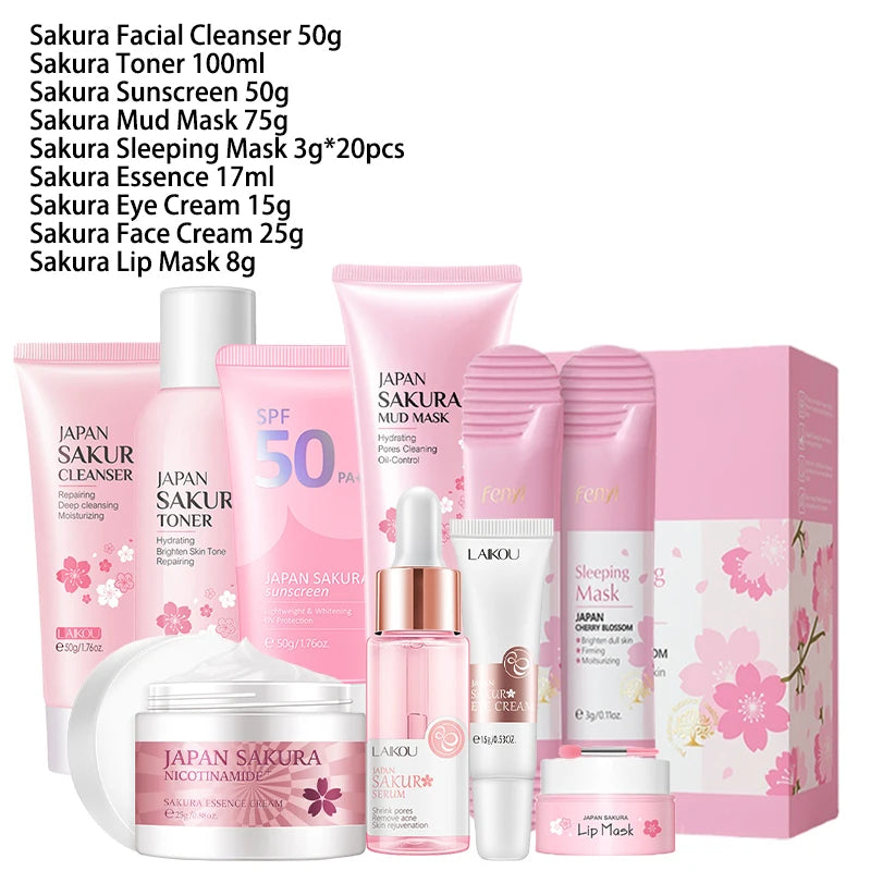 Kit visage Sakura – Soins coréens 9 pièces : nettoyant, crème solaire, masque yeux