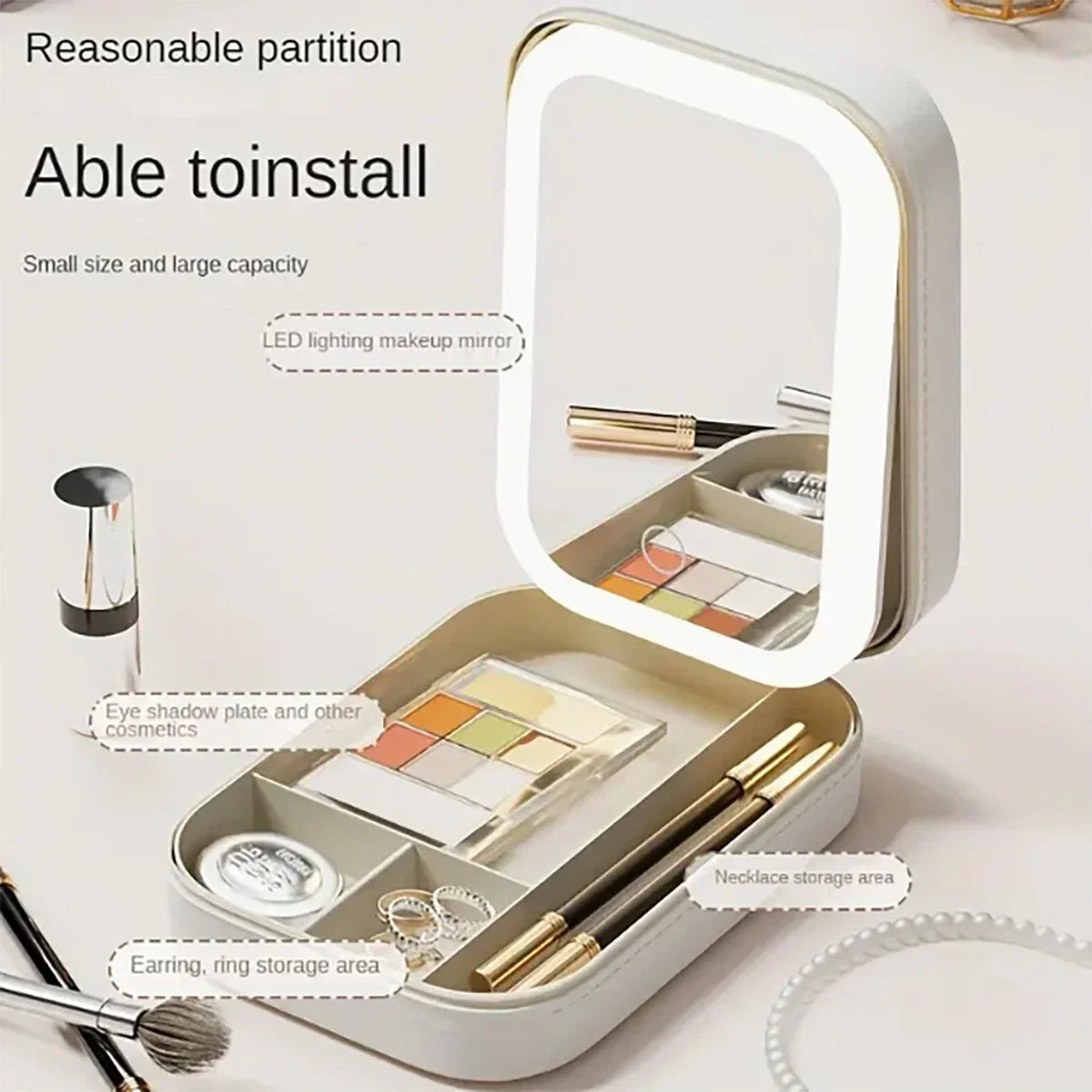 Trousse de maquillage éclairée par LED avec séparateurs réglables – Étui à cosmétiques de voyage portable, rechargeable par USB