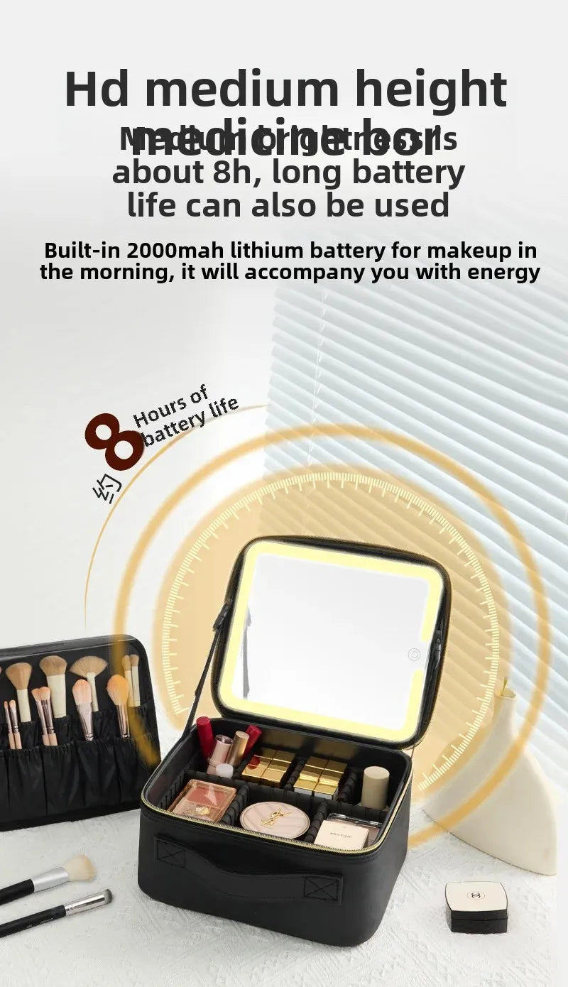 Trousse de maquillage Portable de grande capacité, avec miroir et lumière LED, mallette de rangement pour cosmétiques, Design élégant à fermeture éclair de couleur Pure