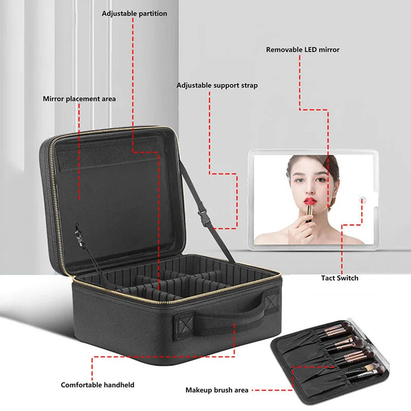 Trousse à cosmétiques intelligente LED avec miroir, trousse de maquillage de voyage, grande capacité, produit de soins de la peau pour esthéticienne féminine, étui de maquillage pour femmes